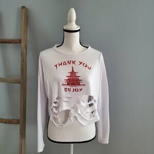 Love J Thank You White Red Enjoy Slit Cuts Crop Pullover Sweatshirt Size L